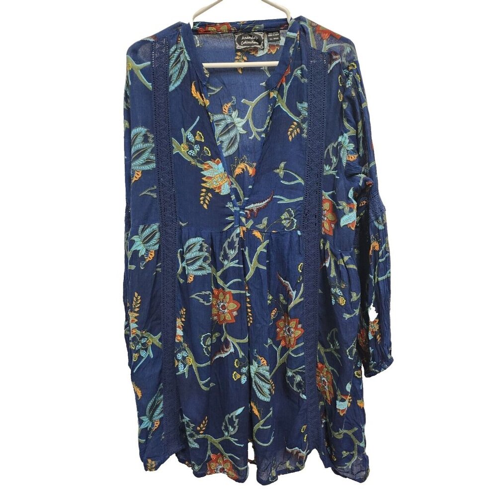 Ananda's Collection BOHO Dress Size‎ Large Blue Floral Mini Long Sleeve Casual
